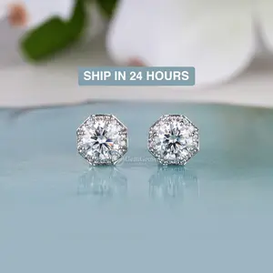 Octagon Shape Round Cut Halo Stud Earrings