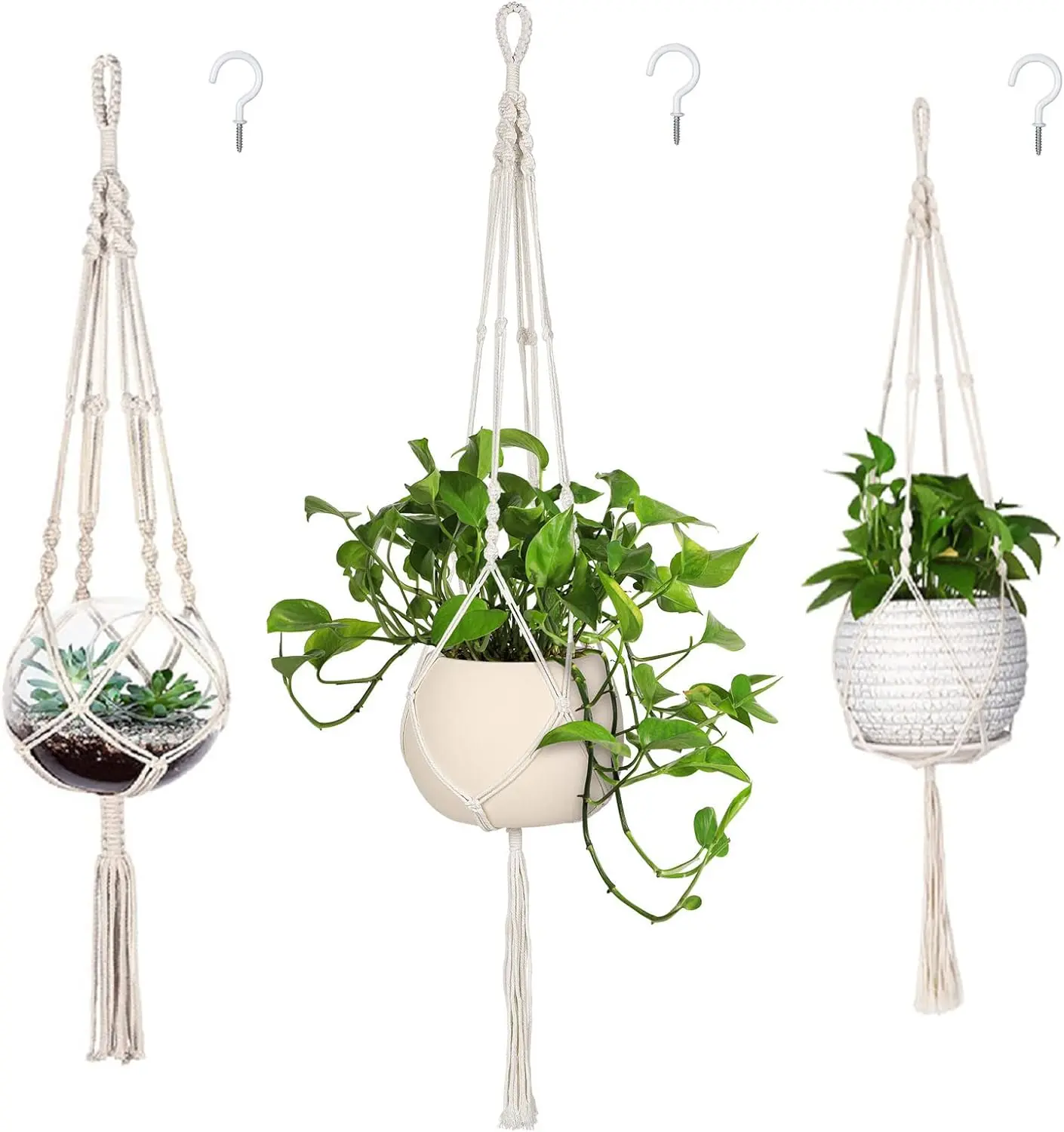Ivory Macrame Plant Hanger 3-Pack - 35-in Handmade Cotton Yarn Rope Hanging Planters & Baskets with Self-Watering Nursery Pots, Detachable Base Trays, 3 Hooks, No Tassels for Plant Lovers’ Indoor Boho Decor, Outdoor Gardens
