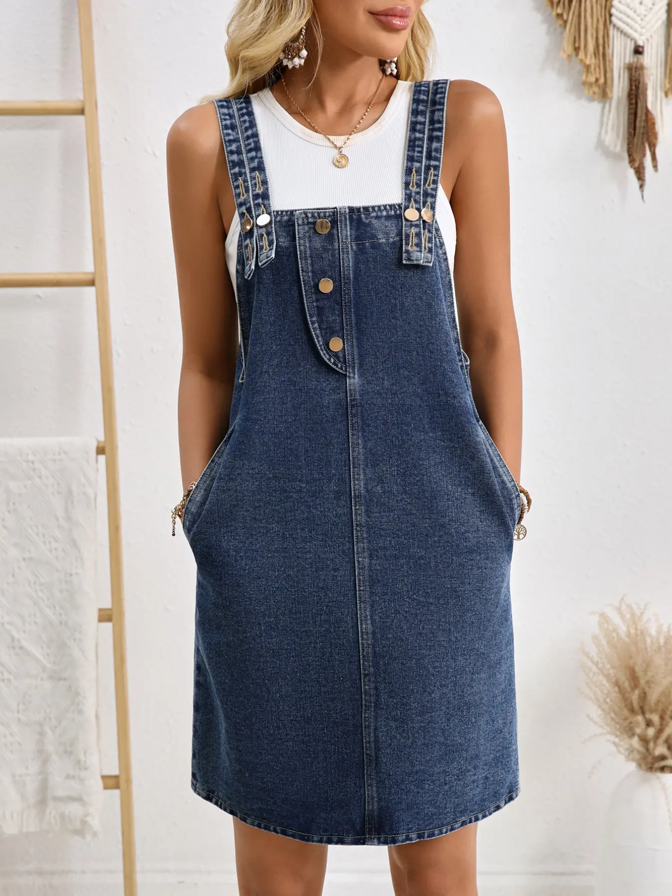 Women's Adjustable Denim Utility Skirt with Wide Straps, Front Buckle, Loose Fit, Side Pockets, Everyday Summer Casual Dress, Style