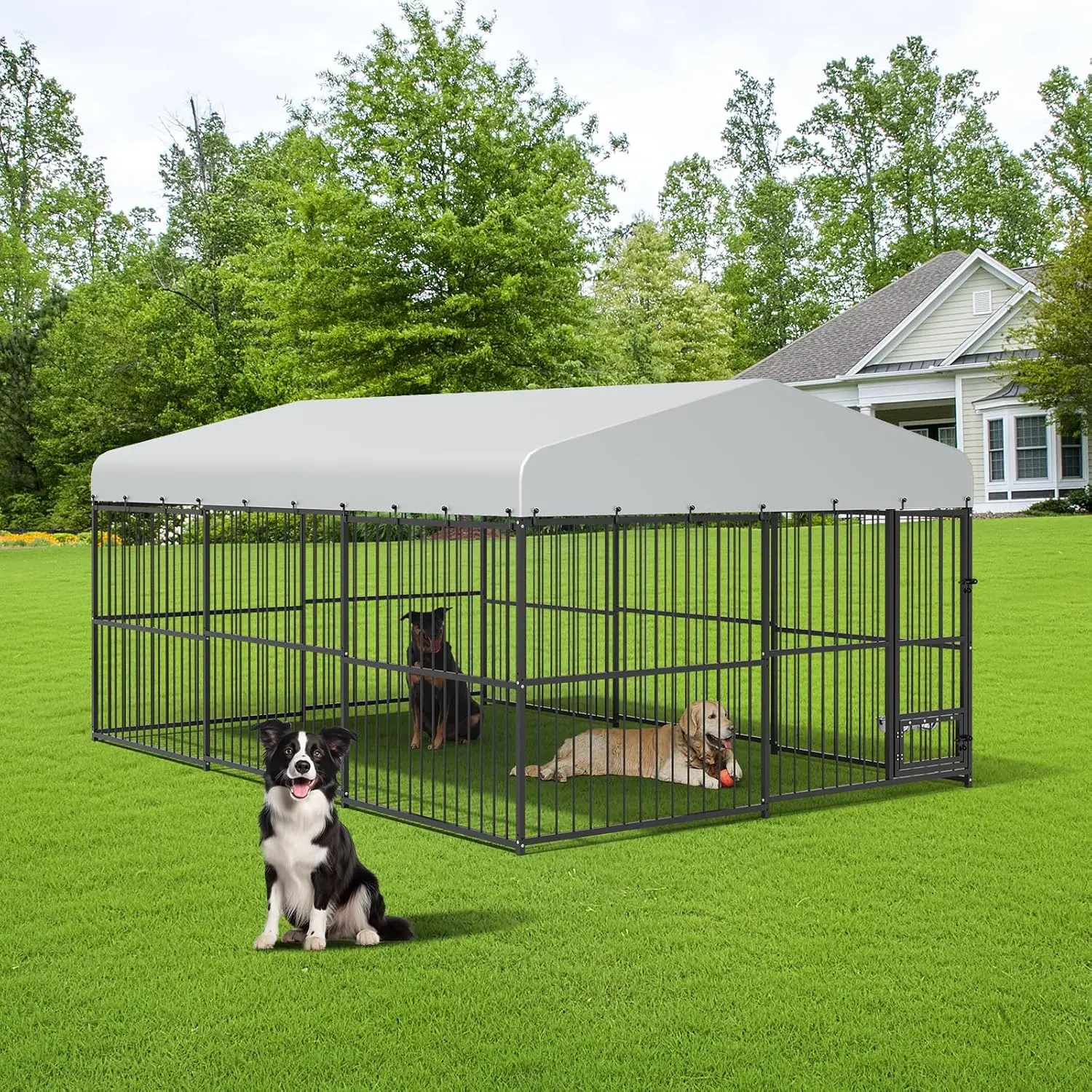 10×15×6FT Dog Kennel for Large Dogs, Large Metal Dog House with Waterproof Cover, Feeding Doors, Dog Kennel Outdoor for Garden Backyard