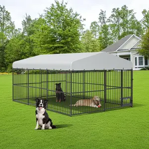 10×15×6FT Dog Kennel for Large Dogs, Large Metal Dog House with Waterproof Cover, Feeding Doors, Dog Kennel Outdoor for Garden Backyard