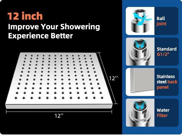 Hibbent Thickness Metal Rain Shower Head,  High Pressure Shower Heads, Square Large Bathroom Rainfall Shower Head with Adjustable Brass Ball Joint, Waterfall Full Body Coverage, Chrome