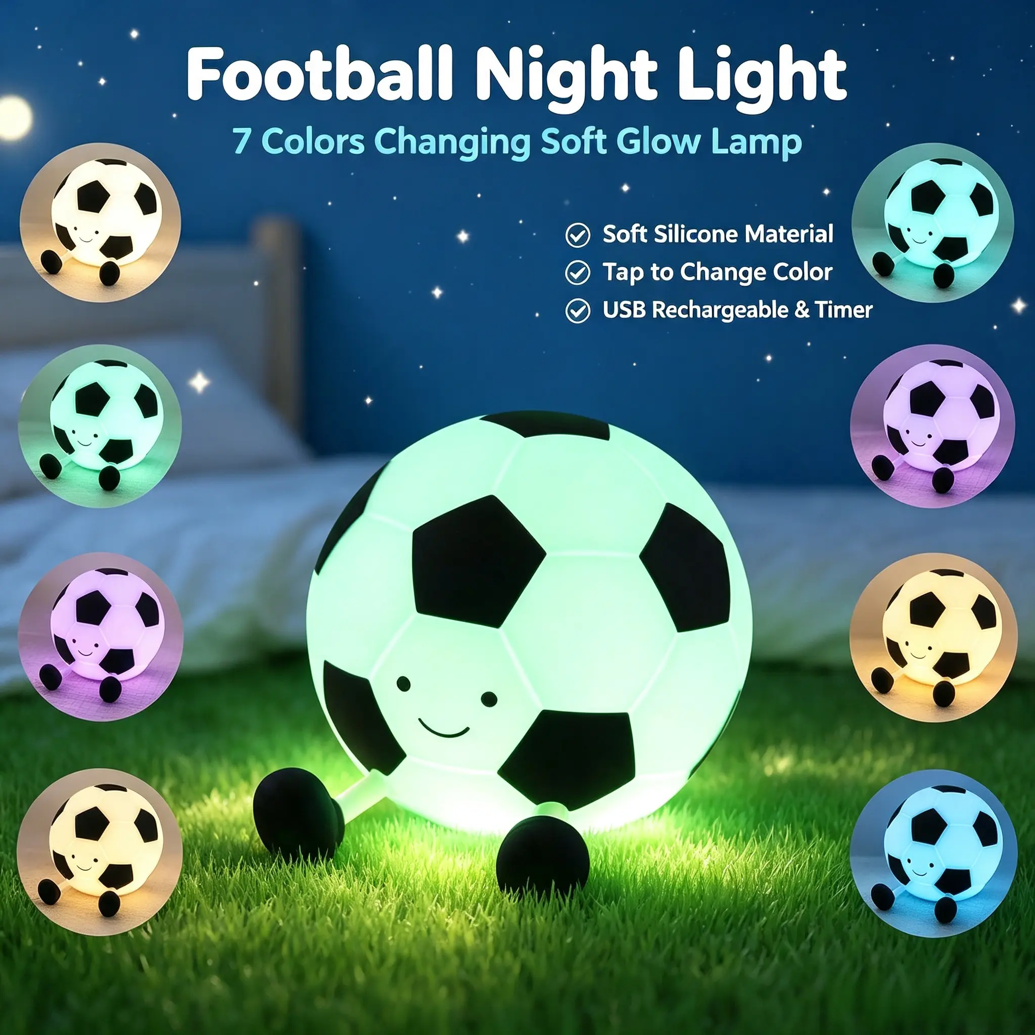Cute Football Light-1 Silicone Night Light, 1200mah Rechargeable Touch-Controlled Lamp, 7 Colors Changing 3-Level Dimmable 3 Flexible Brightness Settings Kids Bedside Sleep Lamp, Perfect Gift for Boys (Home & Festive Party Supplies)