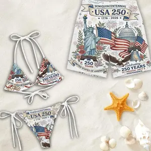 [HOT SUMMER] America 250 Matching Swimwear, USA Semiquincentennial Statue of Liberty Swim Trunks & Bikini Set, 4th of July Couple Gift