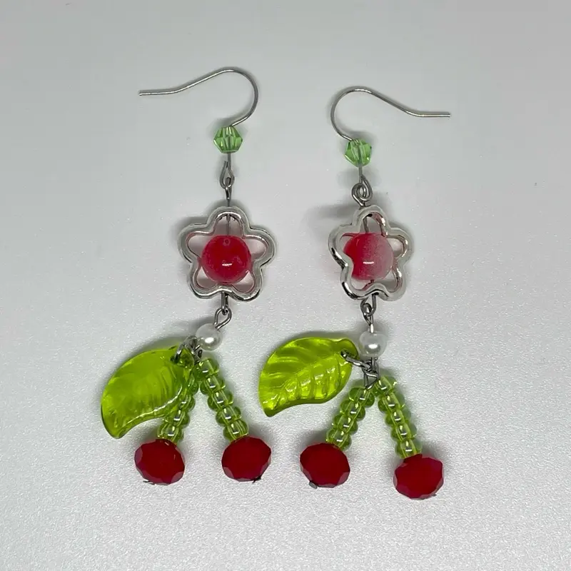 Handmade Cherry Earrings with Green Leaves and Red Beads