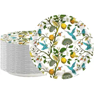 50 count Lemon Party Supplies7"Lemon Paper Plates Blue Tiles Yellow Lemon Party Plates  Bird Leaves Plates Summer Citrus Fruit Paper Plates for Summer Birthday Lemons Party Decoration (Bird)