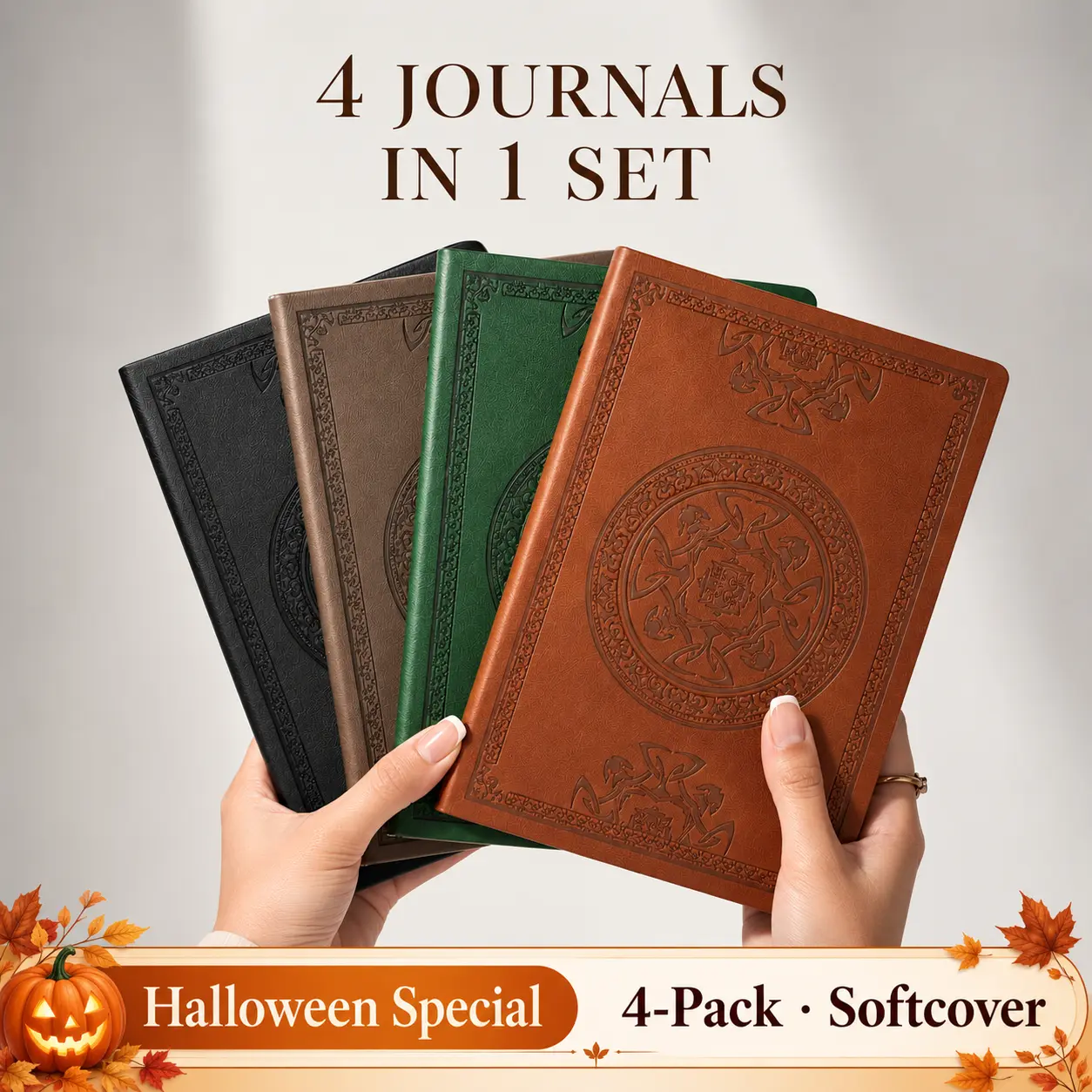 CAGIE A5-4 Pack Soft Leather Journal Notebook Set, Vintage Softcover Halloween Grimoire with 288 Pages 100 gsm Lined Paper, Spooky Season Gift for Women (Bible Study, Tarot Use)