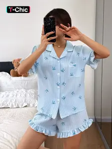Women's Blue Bow Short Pajamas Set, Ruffled, Soft Skin-Friendly Sleepwear, Loungewear, Fitted Design, Cute Style, All Seasons Wear, Womenswear