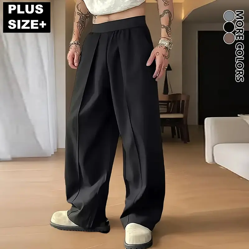 Men's Plus-Size Elegant Stylish Draped Wide-Leg Plain Casual Street Pants - Straight Dress Trousers with Pockets, Long Drapy, All-Purpose All-Season for Everyday Activities & Office Commuting