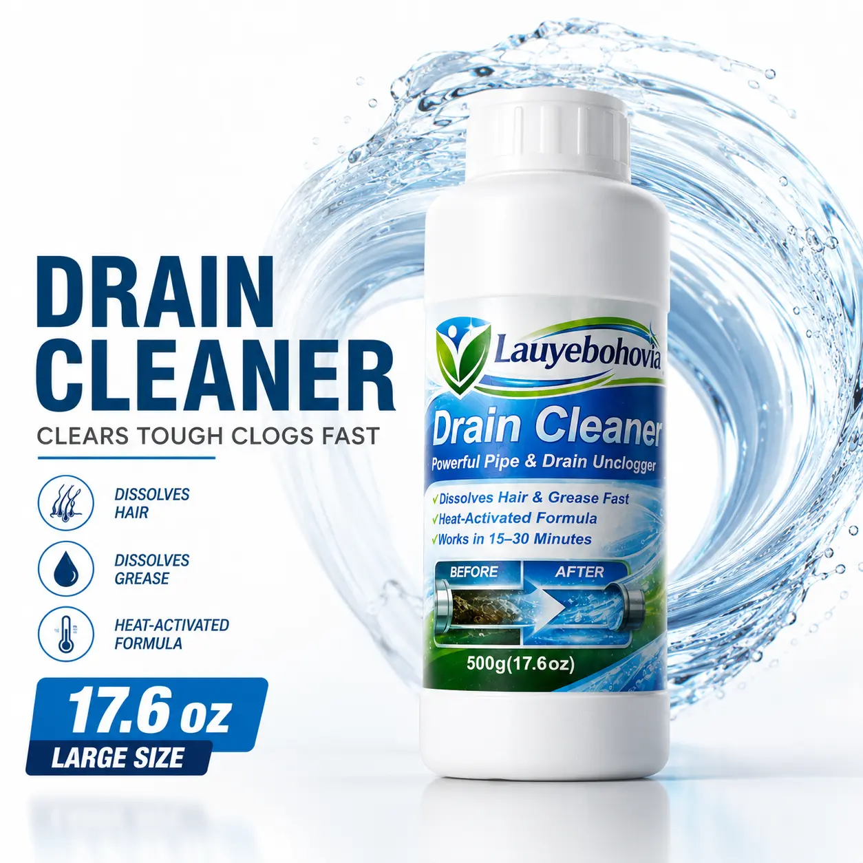 Lauyebohovia Heavy Duty Drain Cleaner & Clog Remover, Fast Acting Hair & Grease Dissolver for Kitchen Sink, Shower & Toilet, 17.6 oz