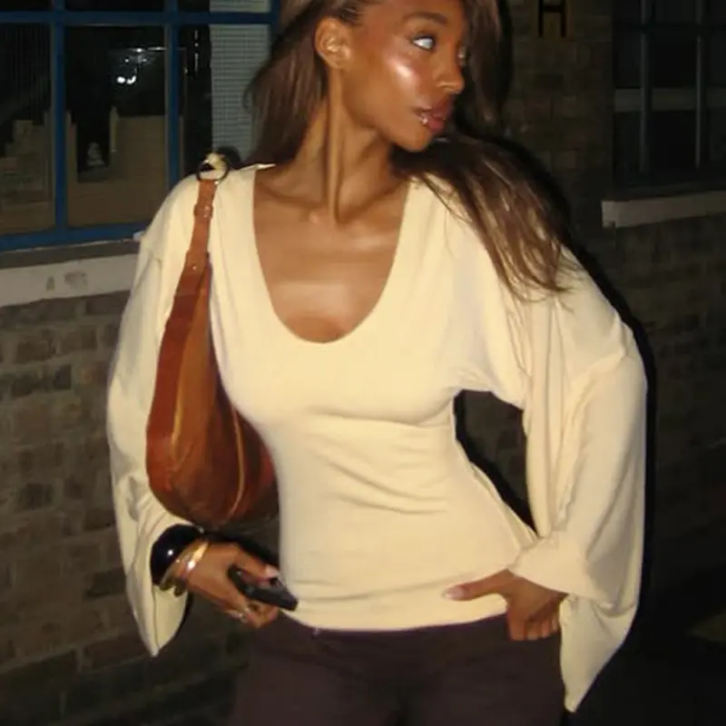 Sexy Hot Street Style Casual Low U-Neck T-Shirt,Relaxed Batwing Sleeve Waist-Defining Top, Solid Color Minimalist Commute Daily Dating Long Sleeve Blouse,  for Fall/Winter Streetwear, Casual Daily Tops, Womenswear