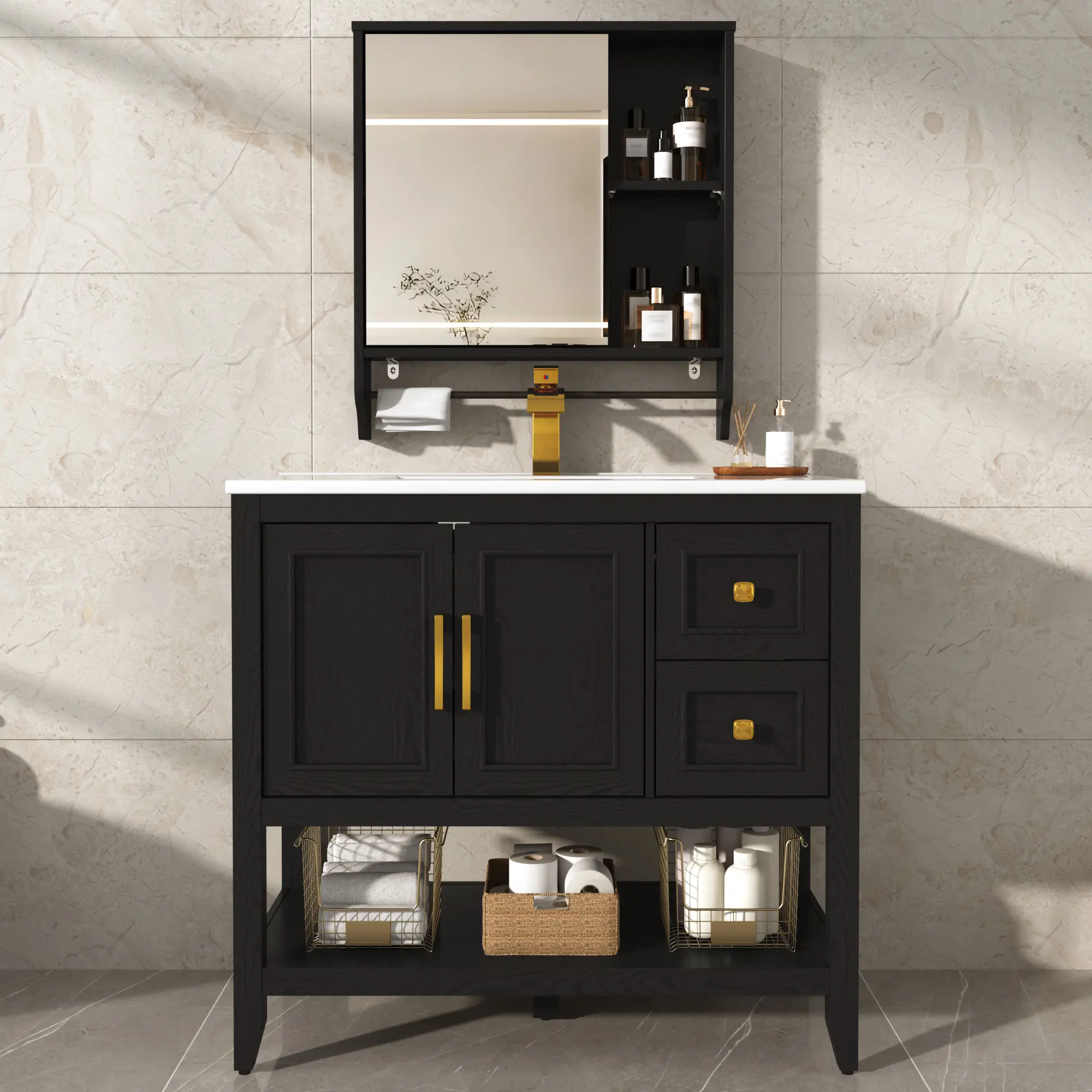36-Inch Single Sink Farmhouse Bathroom Vanity Set - Indoor Use Furniture Cupboard with Faucet, Rectangular Mirror Cabinet, Ample Storage Space