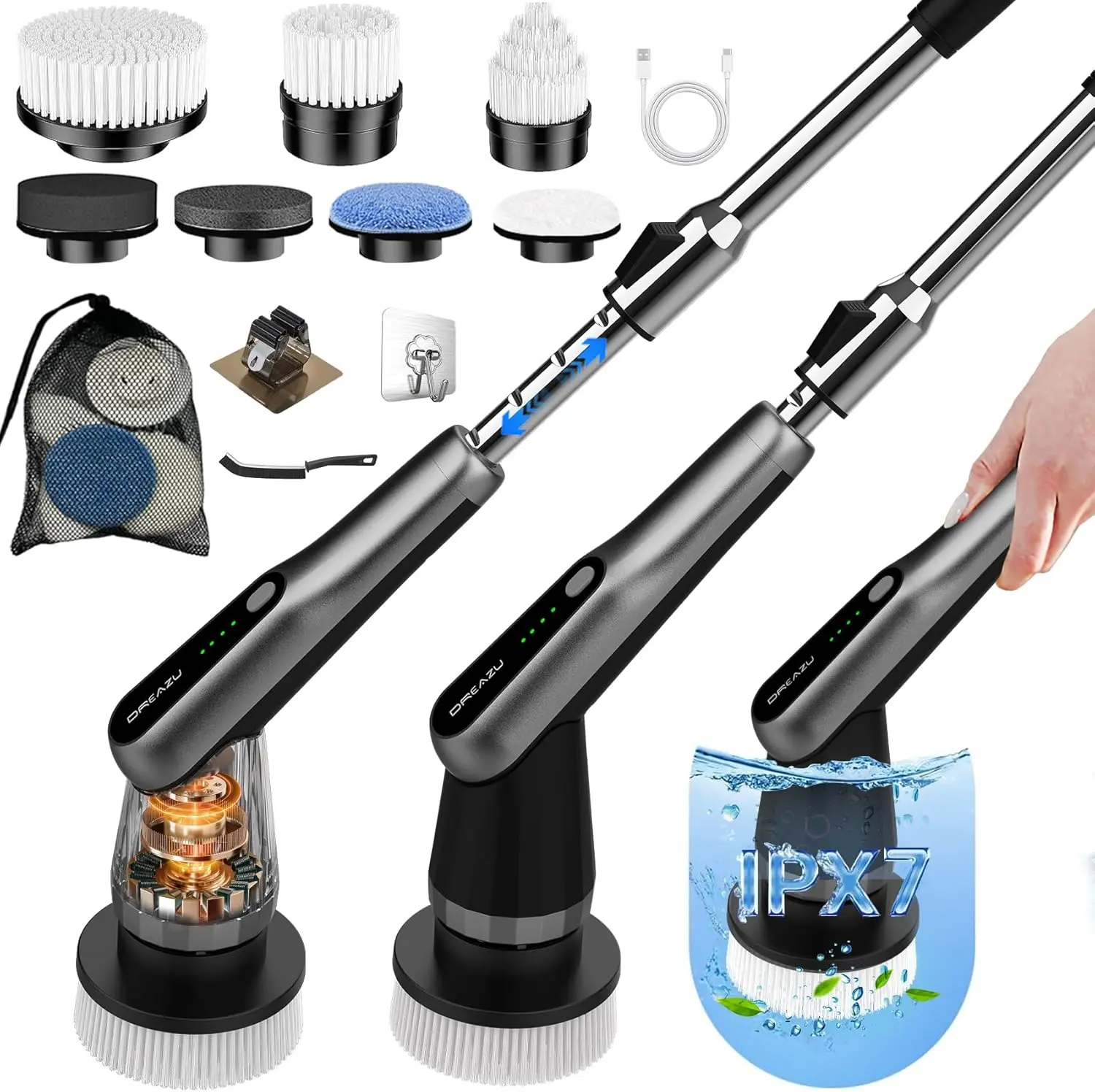 G2-Pro Electric Spin Scrubber - Upgraded IPX7 Waterproof Shower Cleaner Brush with 7 Replaceable Heads, Retractable Handle & 2-Speed for Bathroom, Bathtub, Kitchen, Tile Floors