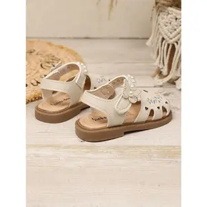 Girls' Pearl Butterfly Heart Hollow Out Floral Embroidery Sandals, Breathable Comfort Design, Perfect Summer Outdoor Casual Wear