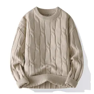 Unisex Heavyweight Solid Color Warm Knit Sweater with Cable Texture Pattern, Casual Comfortable Modern Urban Style Suitable for Autumn Winter Season, Round Neck Long Sleeve Knitted Jumper