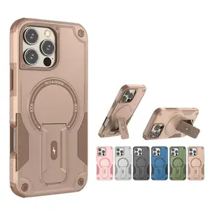 Military outdoor mecha anti fall magnetic concealed folding stand iPhone 17 Pro Max 17 Air 16 Pro 15 Pro Max 14 Plus 13 12 Pro Max strong anti fall and pressure protective cover MagSafe supports wireless charging Foldable Protection Casing