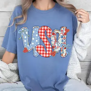 Comfort Colors Coquette Floral USA Glitter T- Shirt, Preppy America Floral, USA 1776 Tee, 4th of July Stars Stripe, Memorial Day, Women's Graphic Tee