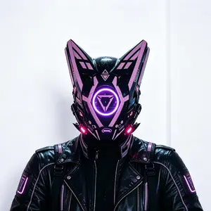 Handmade full-face sci‑fi punk mask with cool pink stickers featuring light effects, symmetrical wing decorative accessories—ideal for Halloween, club events, and cosplay masks.