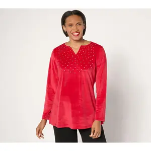 Quacker Factory Sparkle & Shine Split Neck Long sleeve Velour Tunic