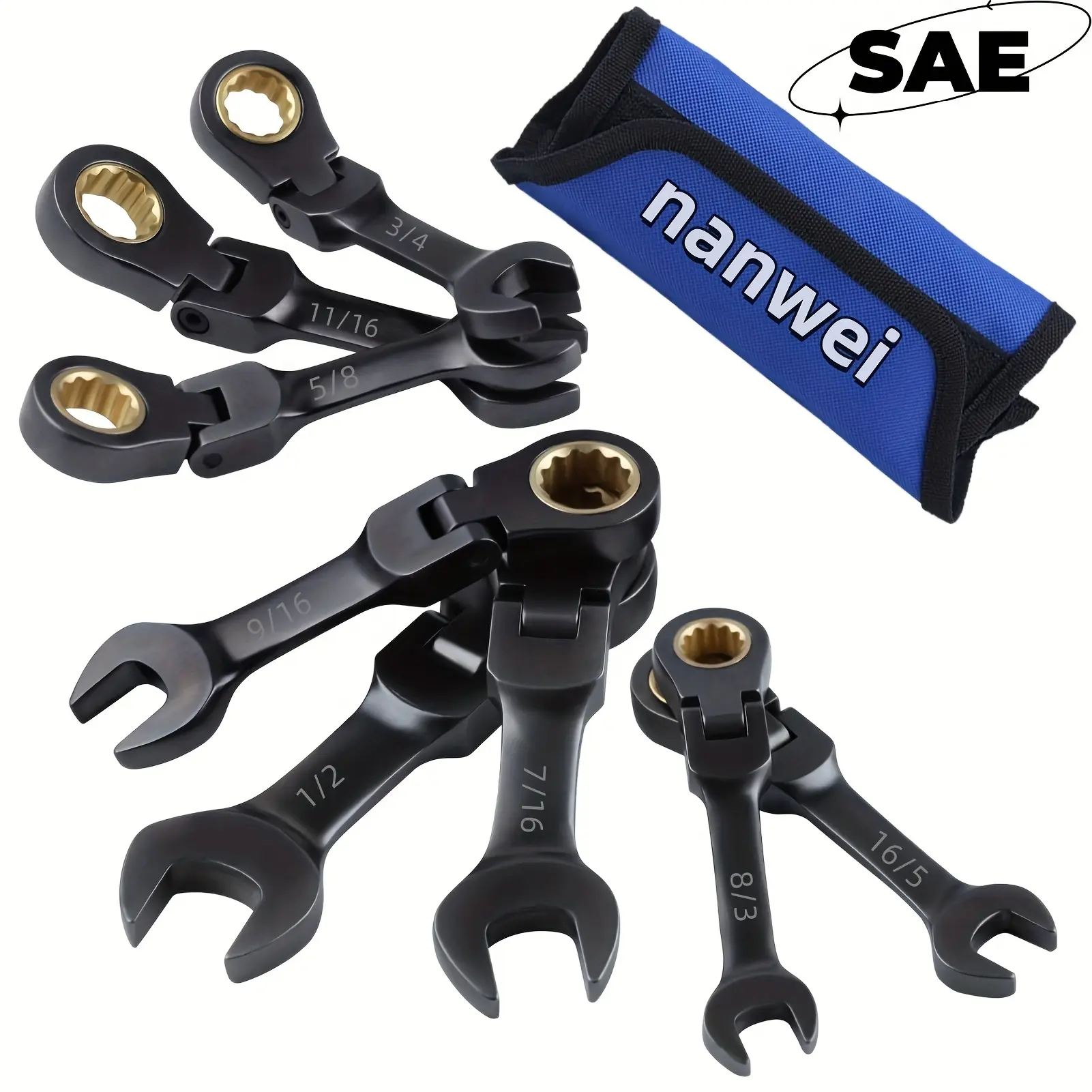 NANWEI 8Pcs SAE Flexible Head Ratchet Combination Wrench Set, Short Offset Flex Ratcheting Spanner, CR-V Steel Inch Size Open & Box End Wrenches with Roll Up Storage Pouch for Auto Garage DIY Repair