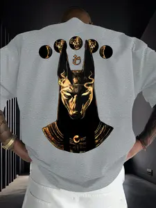 Anubis Moon Phase Egyptian Mythology Print Men's Fashion Short Sleeve Round Neck Casual Summer T-Shirt, Daily Wear
