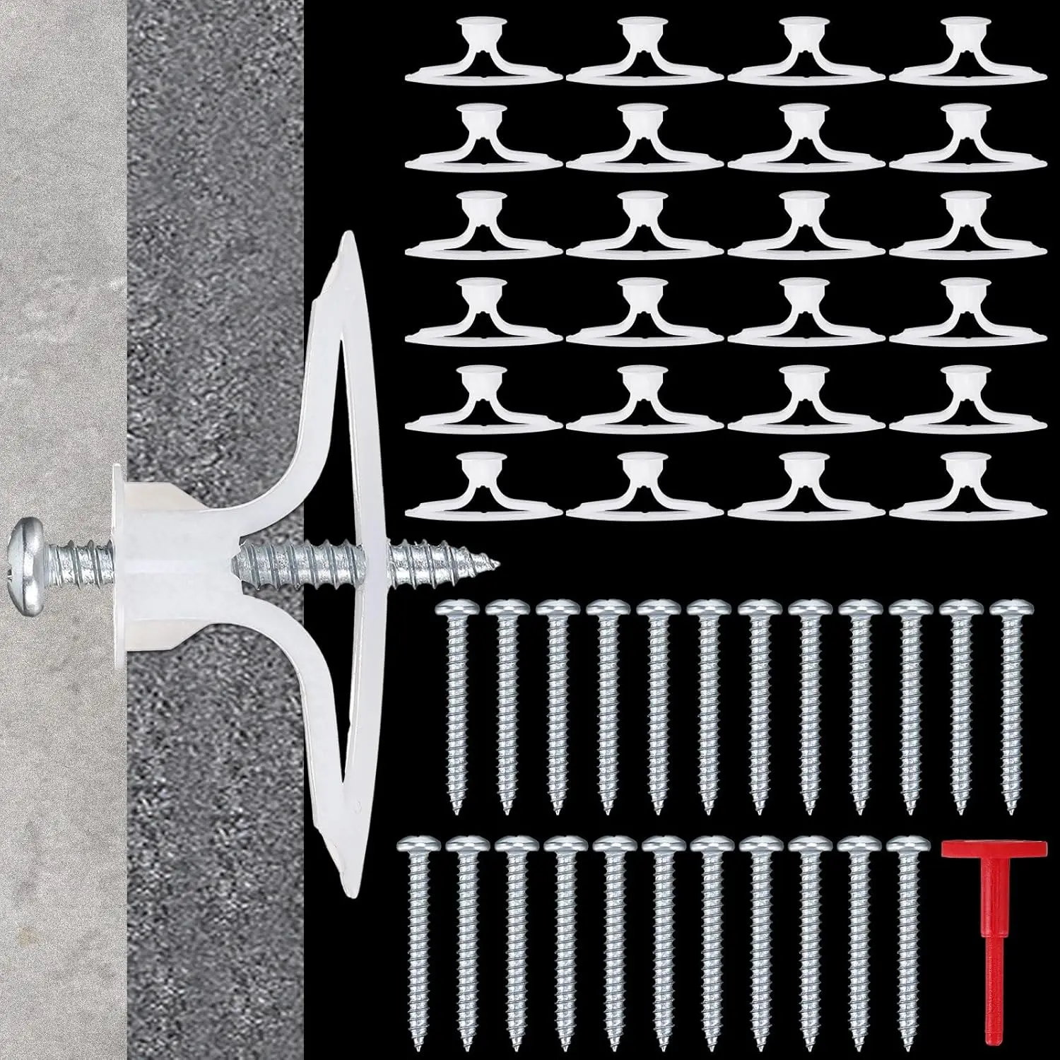 25-Count Synthetic Drywall Anchor Kit, Plastic Self-Drilling Expansion Hollow Wall Anchors with Screws & Red Key for 5/8-Inch to 3/4-Inch Drywall, Ceiling, Gypsum Plasterboard