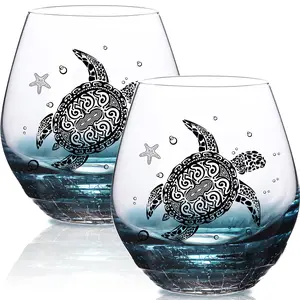 Sea Turtle Wine Glasses Set 2-13.3oz Crackle Teal Design, Hand blown Tortoise Wine Tumbler, Black - Drinkware, Bottle Round Stylish Cup Mug