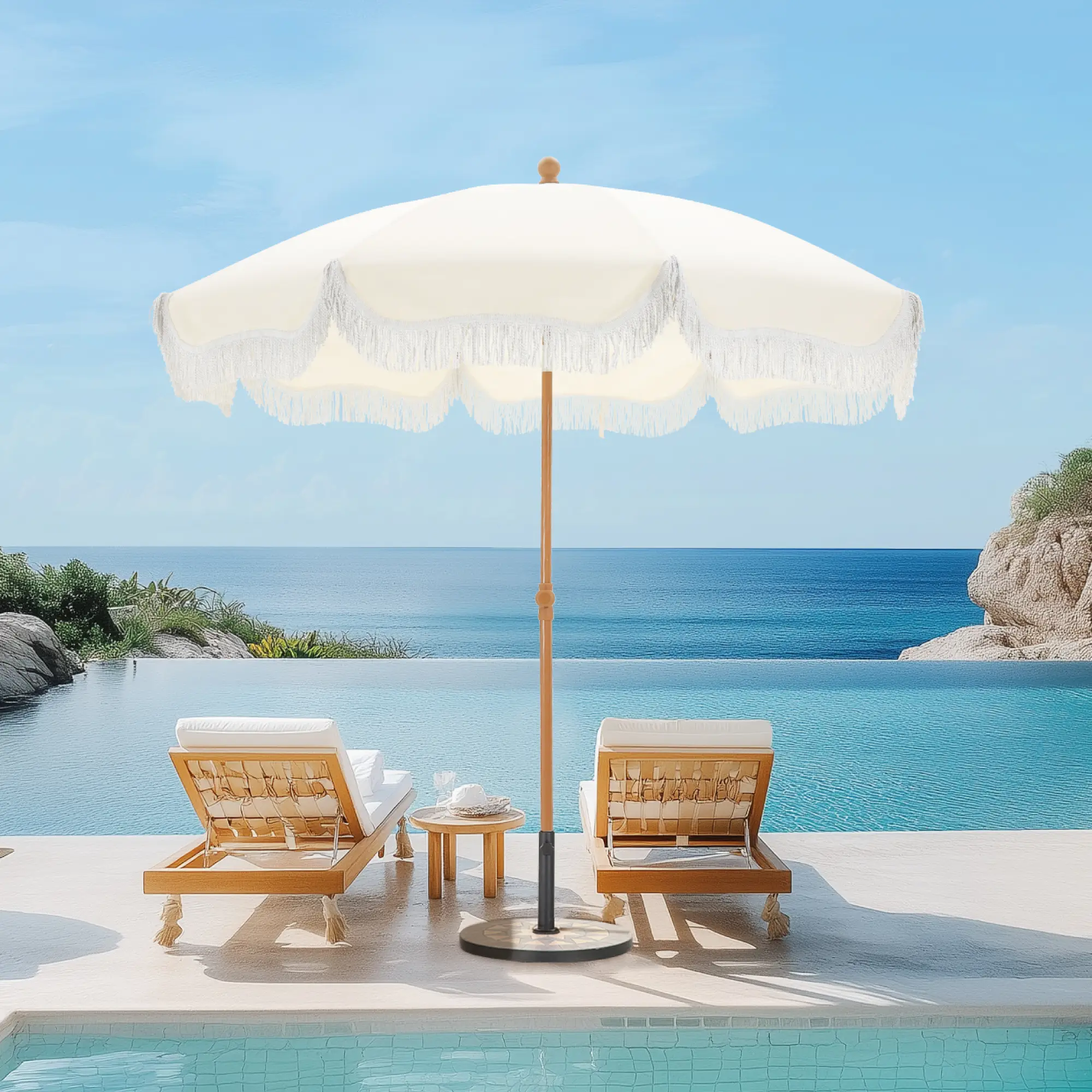 PHI VILLA 7ft Patio Umbrella with Fringe, UPF 50+ Canopy, 8 High Wind Proof Fiberglass Ribs, Fully Assembled, Carry Bag Available Outdoor Aesthetic Ro