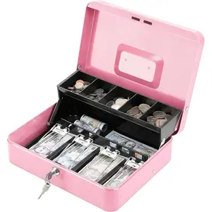 Locking Cash Box with Lock, Money Box with Cash Tray,Lock Safe Box with Key, Money Saving Organizer, 11.81Lx 9.45Wx 3.54H Inches, Pink XL Large