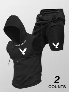 Men's Fashion 2-Piece Set, Pigeon Print Hooded Sleeveless Vest Top & Drawstring Waist Basketball Shorts, Summer Casual Wear