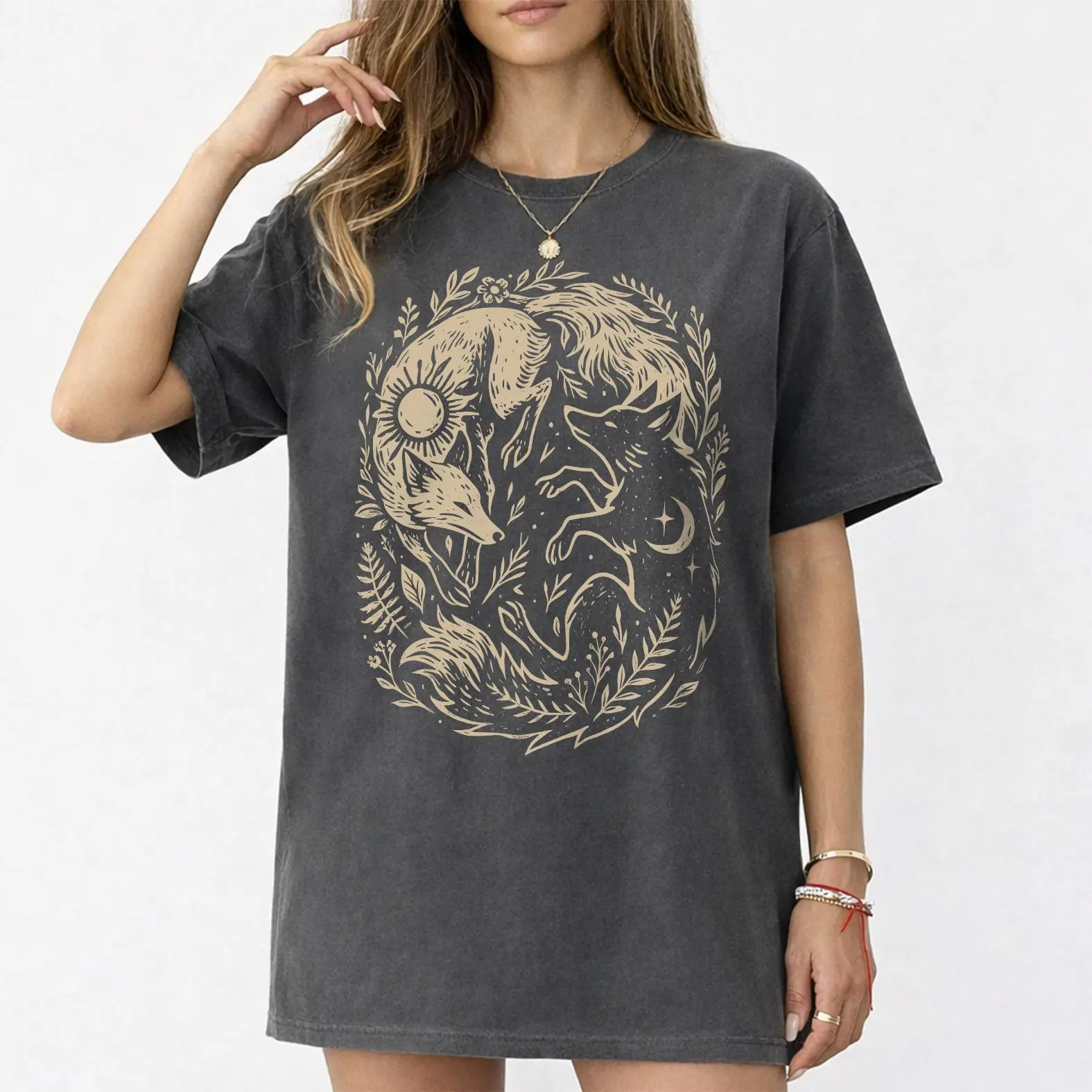 Comfort Colors Yin Yang Fox Shirt, Sun Moon & Botanical Fox Graphic Tee, Mystic Fox Lover Gift