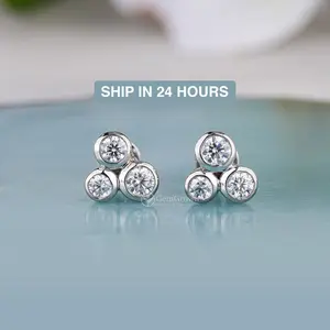 Three Stone Bezel Set Round Cut Cluster Stud Earrings