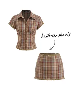 Cotton Plaid Collar Short Sleeve Blouse & Mid Rise Lace Trim Bowknot Mini Skirt Set - Cider