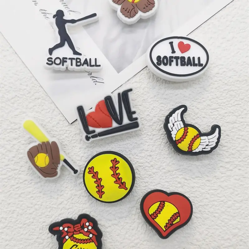 Cartoon Softball Sport Series Shoe Charm Set, Decorative Shoe Accessories, Cute Shoe Charms, 9pcs DIY Shoes Decoration for Clogs, Shoes Decorations for Women & Men