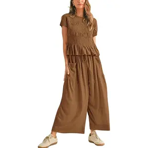 VVZ Women’s 2-Piece Smocked Top & Wide-Leg Pants Set–High-Waisted Lounge Teacher's Outfit with Pockets Casual Boho Matching Set Womenswear Breathable