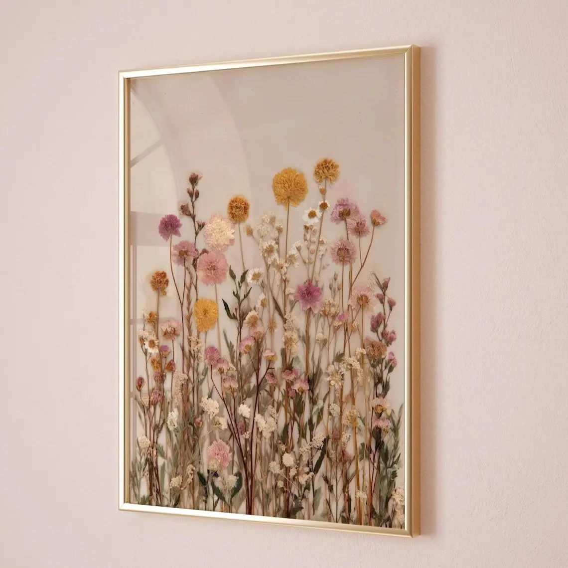 Wildflower Garden Wall Art Poster, Soft Pink and Golden Botanical Blooms with Warm Natural Light, Elegant Home Decor, Gift for Birthday, Mother’s Day, Housewarming or Christmas