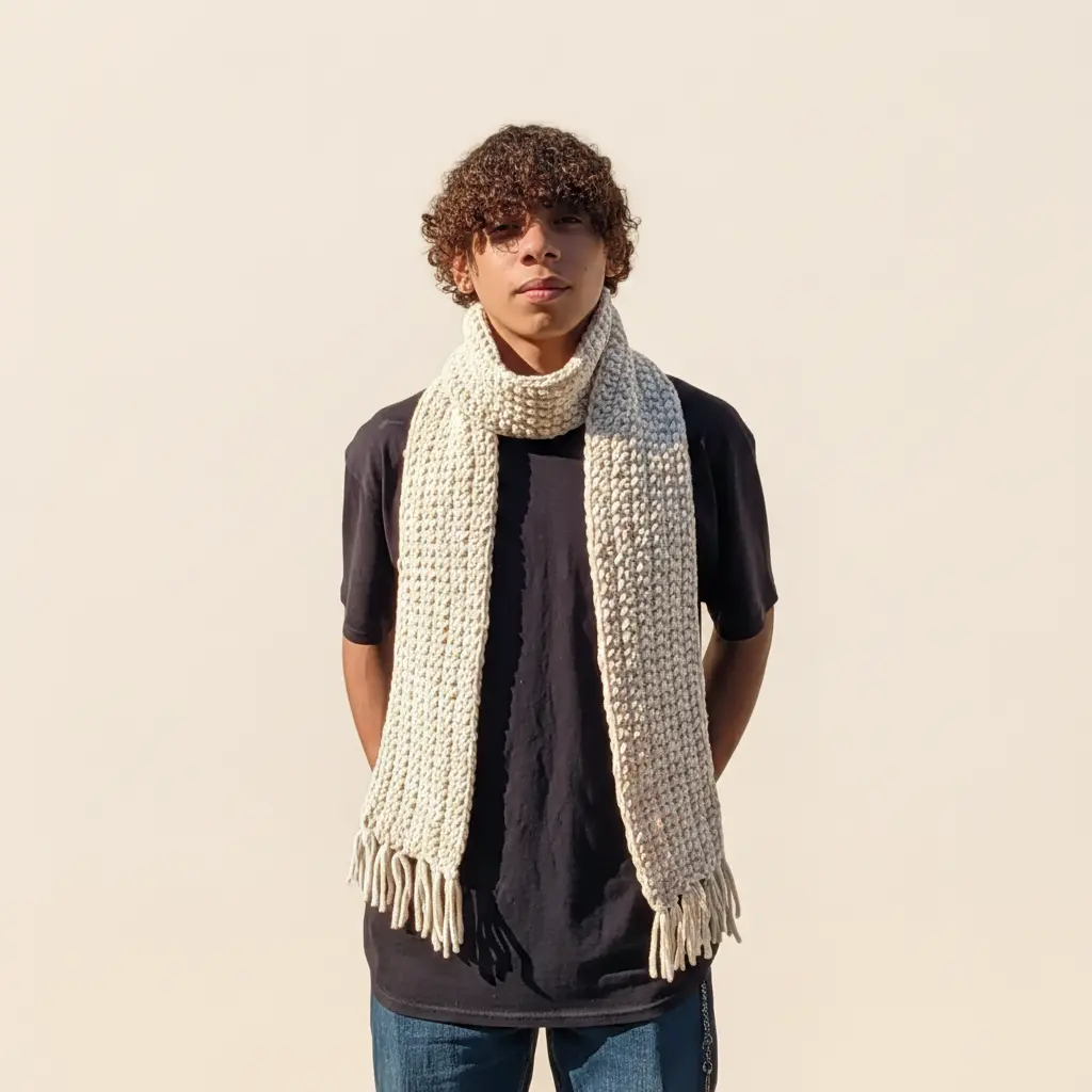 Cream Chenille Fringe Scarf  Handmade Plush Crochet Wrap  Gift for Him or Her