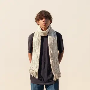Cream Chenille Fringe Scarf  Handmade Plush Crochet Wrap  Gift for Him or Her