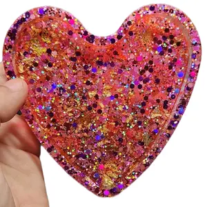 Pink Sparkle Heart Shaped Resin Jewelry Tray with Multicolor Glitter and Gold Accents for Decorative Storage