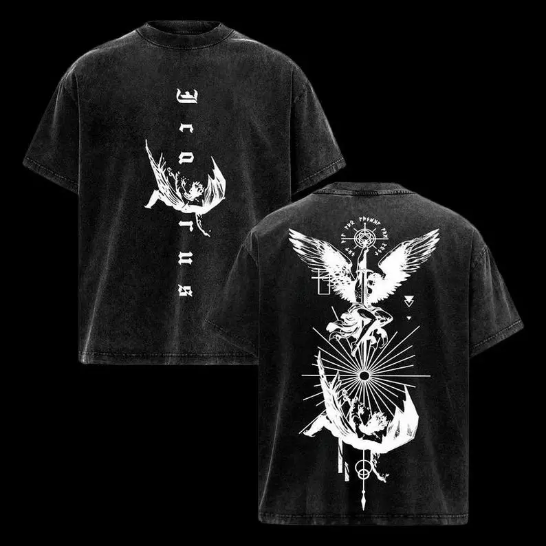 Men's Icarus Streetwear Oversized Casual Round Neck Shortsleeve T-Shirt - Distressed Vintage Mythcore Gothic T-Shirts, Casual Fashion Tee with Angel Graphic, Festive Fathers' Day Gift