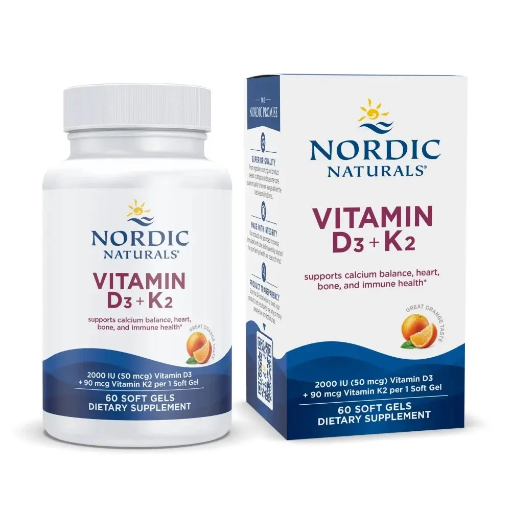 Nordic Naturals D3+K2 - Orange - Vitamin D3 (50 mcg) & Vitamin K (90 mcg), Daily Nutritional Support, 60 Ct