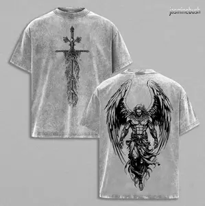 Sanctus Michael Archangelus x Flaming Sword x Shield x Scales of Justice Archangel Michael T-Shirt Saint Michael The Archangel x Flaming Sword T-Shirt Washed Church Outfit Gym Pump Cover ,Christian Religious , Jesus Apparel