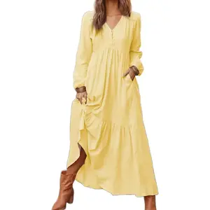 Women’s Linen Maxi Dress, Long Sleeves with Pockets, Casual V-Neck Tiered Ruffle Boho Beach Pleated Long Dress