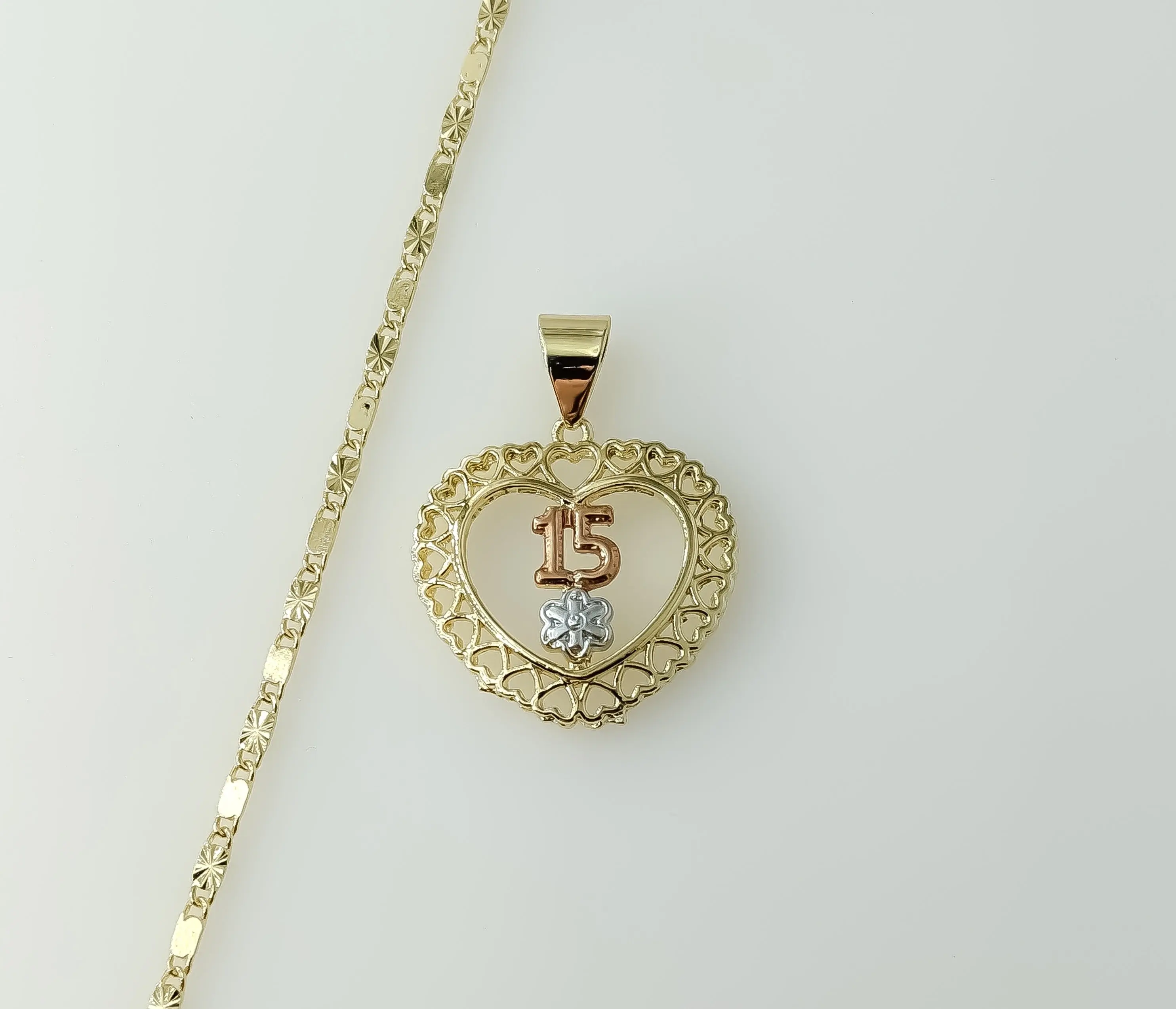 Plated Tri-Color Heart "My 15" Quince 2mm Star Solid Chain Necklace