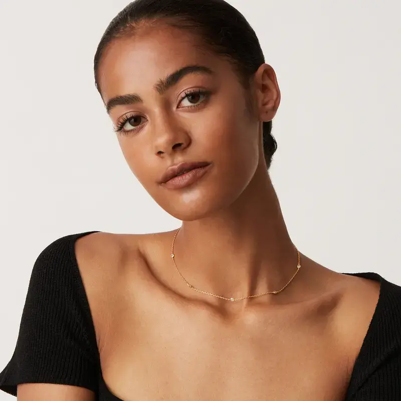 Gold Plated Station Necklace for Women - Dainty Choker Simulated Diamond Necklace - Lightweight Womens CZ Chain Necklace