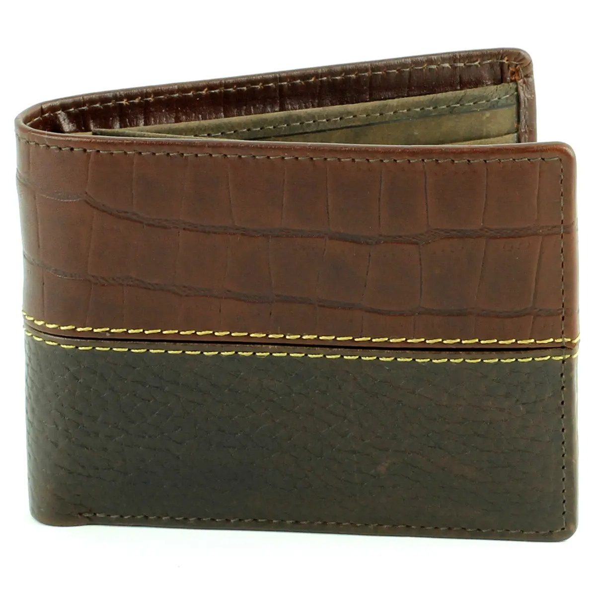 American Bison 1727BR Crocodile Print Mens Leather Bifold Rodeo Wallet - Brown, Hidden Zippered Compartment, Bifold/Trifold Wallet, Dual Id Windows, Multi-Compartment, Card Slots, Animal Print, Stitched, Genuine, Bifold Men's Wallets