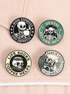 4 Piece Set More Espresso Less Depresso Enamel Pin Life Sucks Coffee Helps Death Before Decaf Hang In There It Gets Worse Skeleton Alloy Brooches Lapel Backpack Badge Fashion Jewelry Accessories Gifts for Friends Coffee Pins