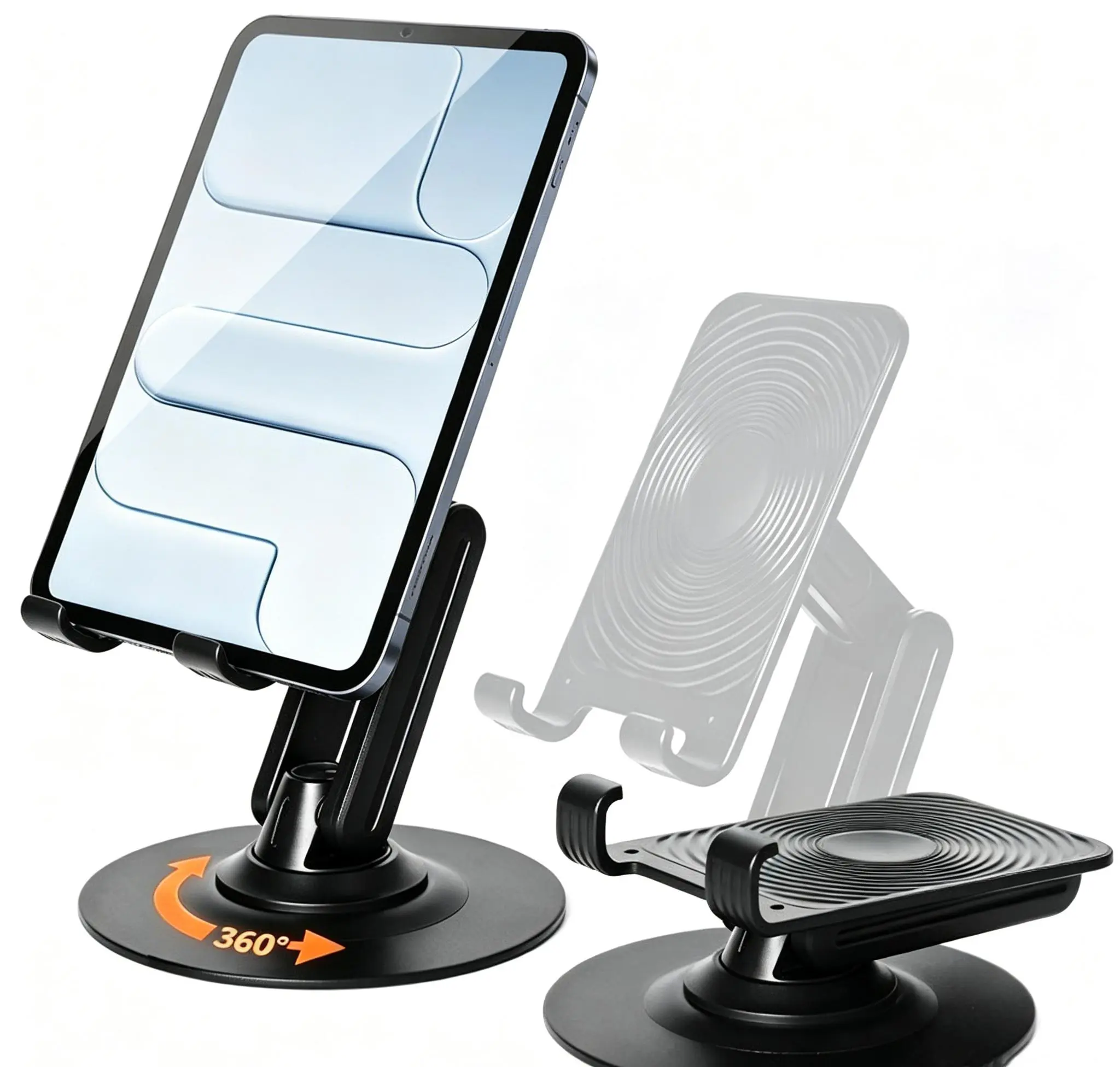 Metal Phone & Tablet Stand, 360° Rotatable Compact Foldable Desktop Holder, Multi-Angle Adjustable Portable Mount for iPhone 15/14/13/12/11 & All Smart Devices