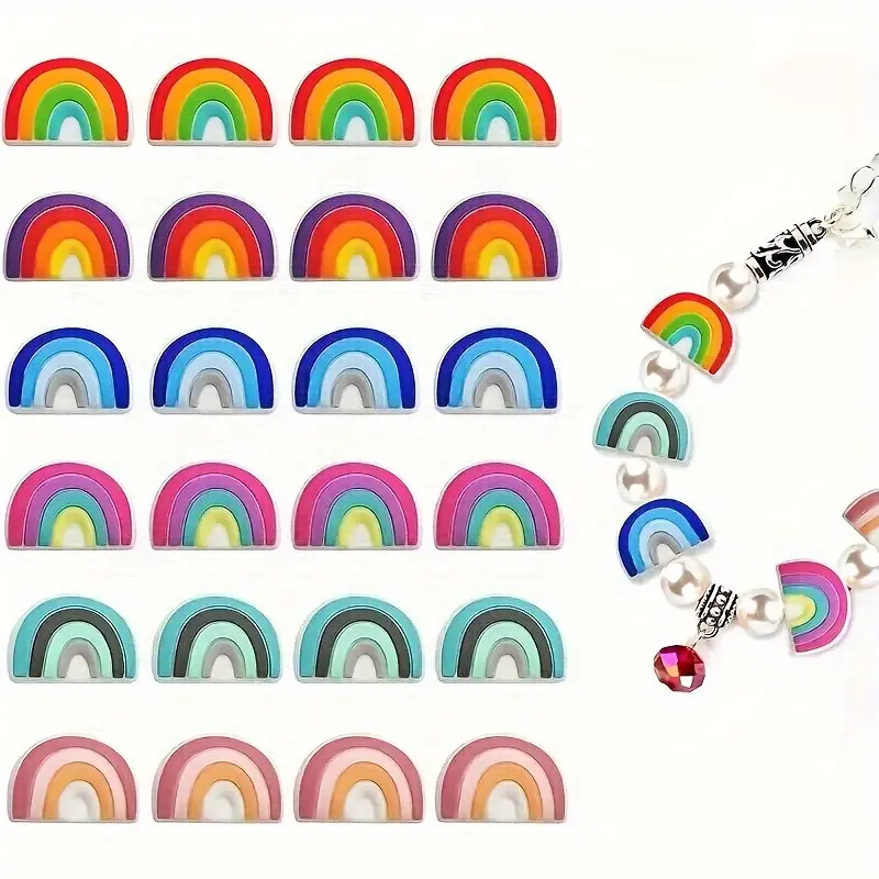 24 pieces of rainbow silicone beads in various colors, these silicone cartoon beads are suitable for DIY bracelet, necklace and jewelry making.