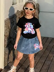 Girls' Summer Rainbow Unicorn Set, Casual Summer Set, Dreamy Unicorn Print Short Sleeve T-Shirt + Denim Half Skirt, Cute Fairy Tale, Comfortable Kids Clothes